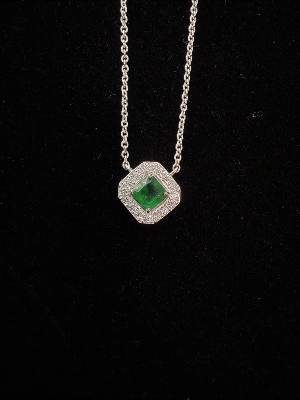 Emerald Green Square Halo Pendant Necklace - Women Jewelry